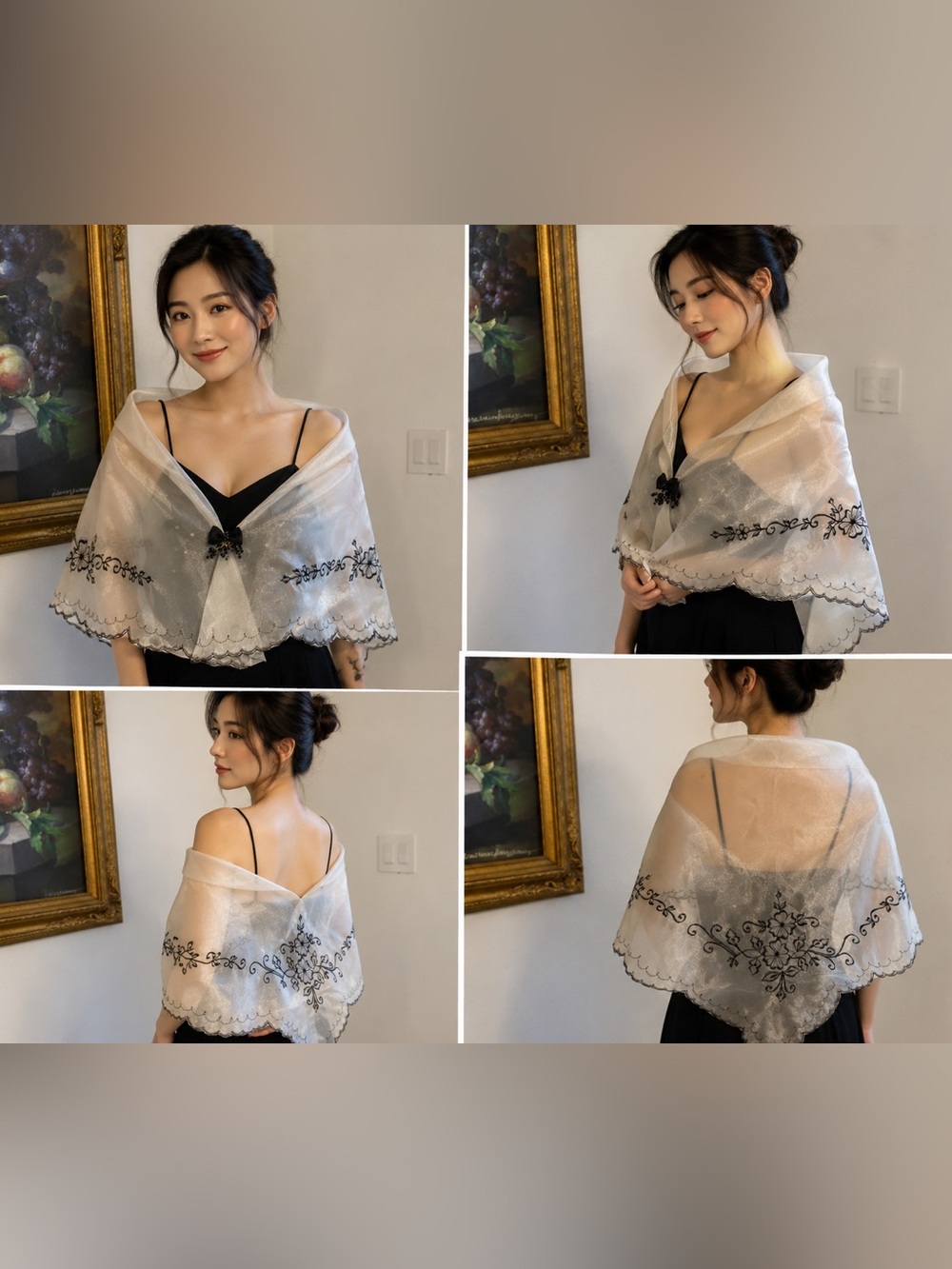 Filipiniana Alampay Sheer Lace-Trim Wrap Shawl in Ivory. Brooch not included